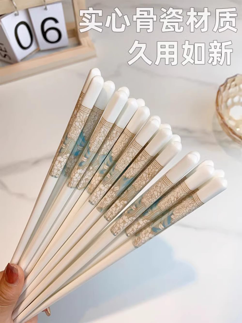 Lot de 10 paires de baguettes en céramique antidérapantes, haut de gamme, résistantes, adaptées à un usage domestique, style chinois, blanc