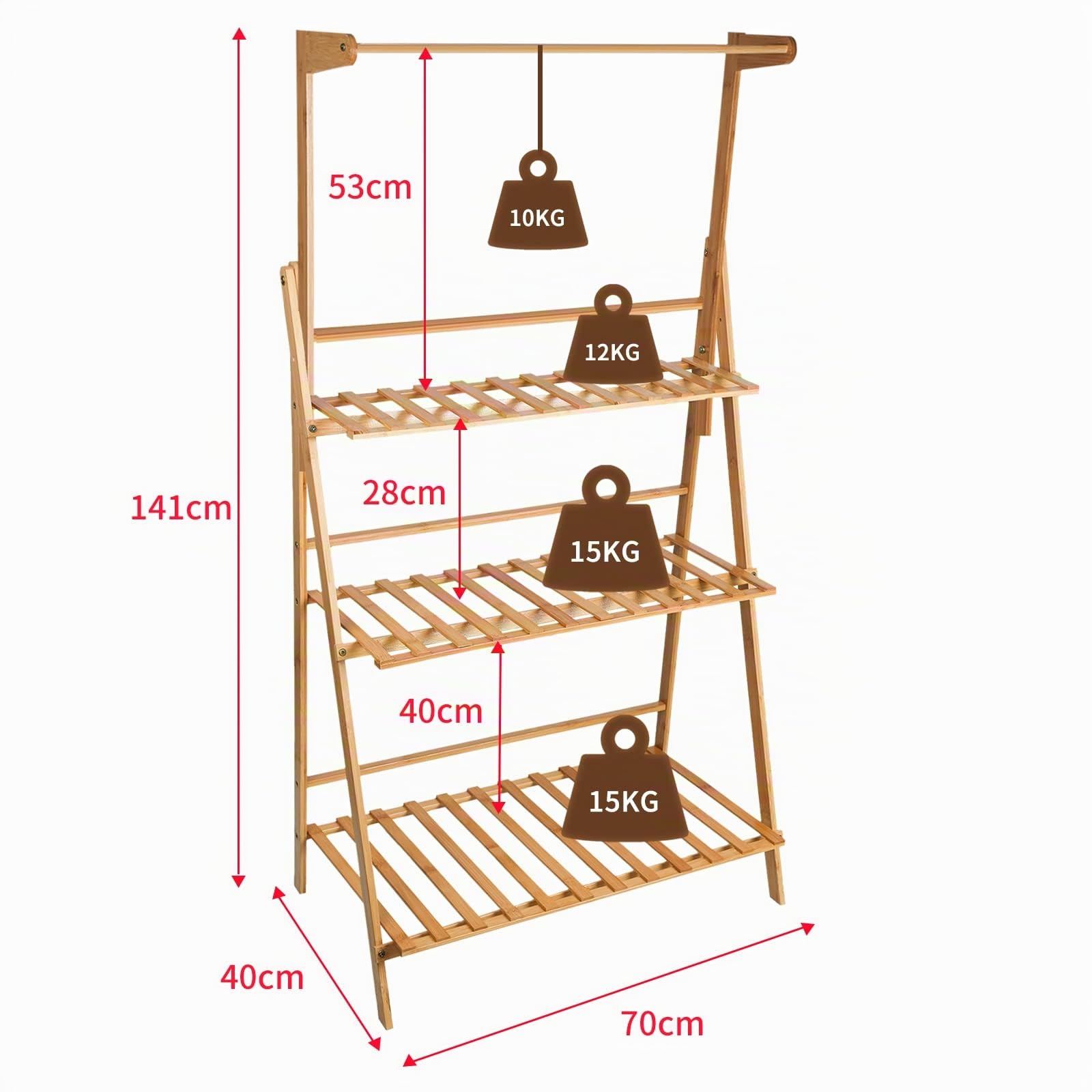 HUOLE Porte Plante Suspendue Bambou, Étagère Plante Pliable de 3 Niveaux, Echelle Fleur avec Tige Suspendue, Idéal pour Maison Balcon Terrasse Jardin - 70*40*141cm - bûches