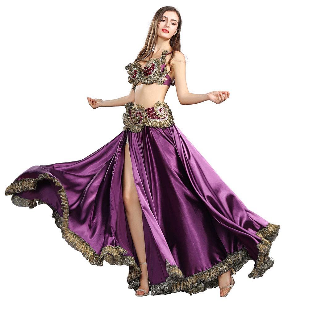 Vestido De Danza Del Vientre ROYAL SMEELA | Conjunto Sujetador, Cinturón Y Falda Larga De Gasa | Color Morado | Para Flamenco, Carnaval Y Fiestas Temáticas
