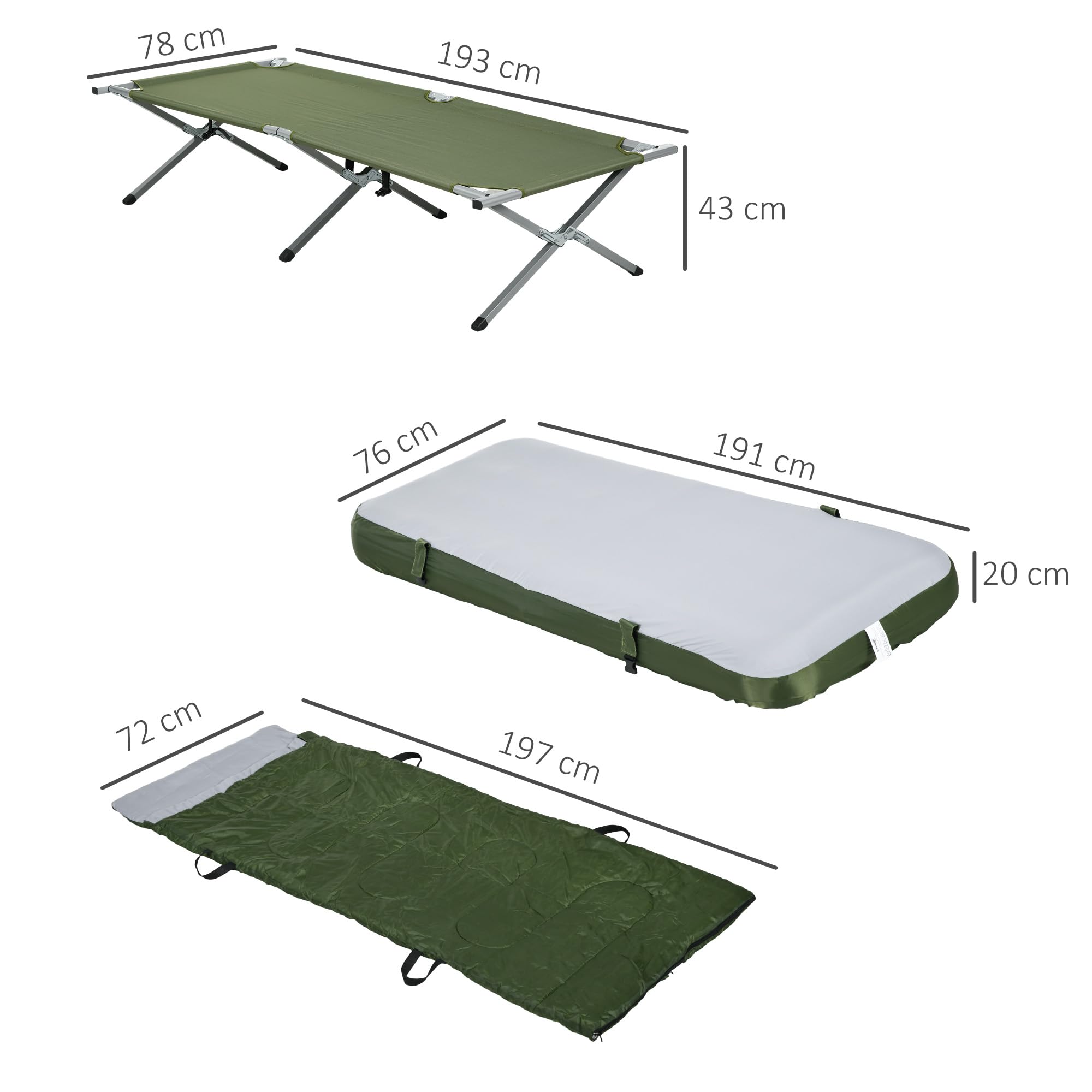 Outsunny Set Brandina da Campeggio con Materasso Gonfiabile, Lettino da Campeggio Pieghevole con Cuscino, Sacco Letto e Pompa, Sacca di Trasporto Inclusa, Verde