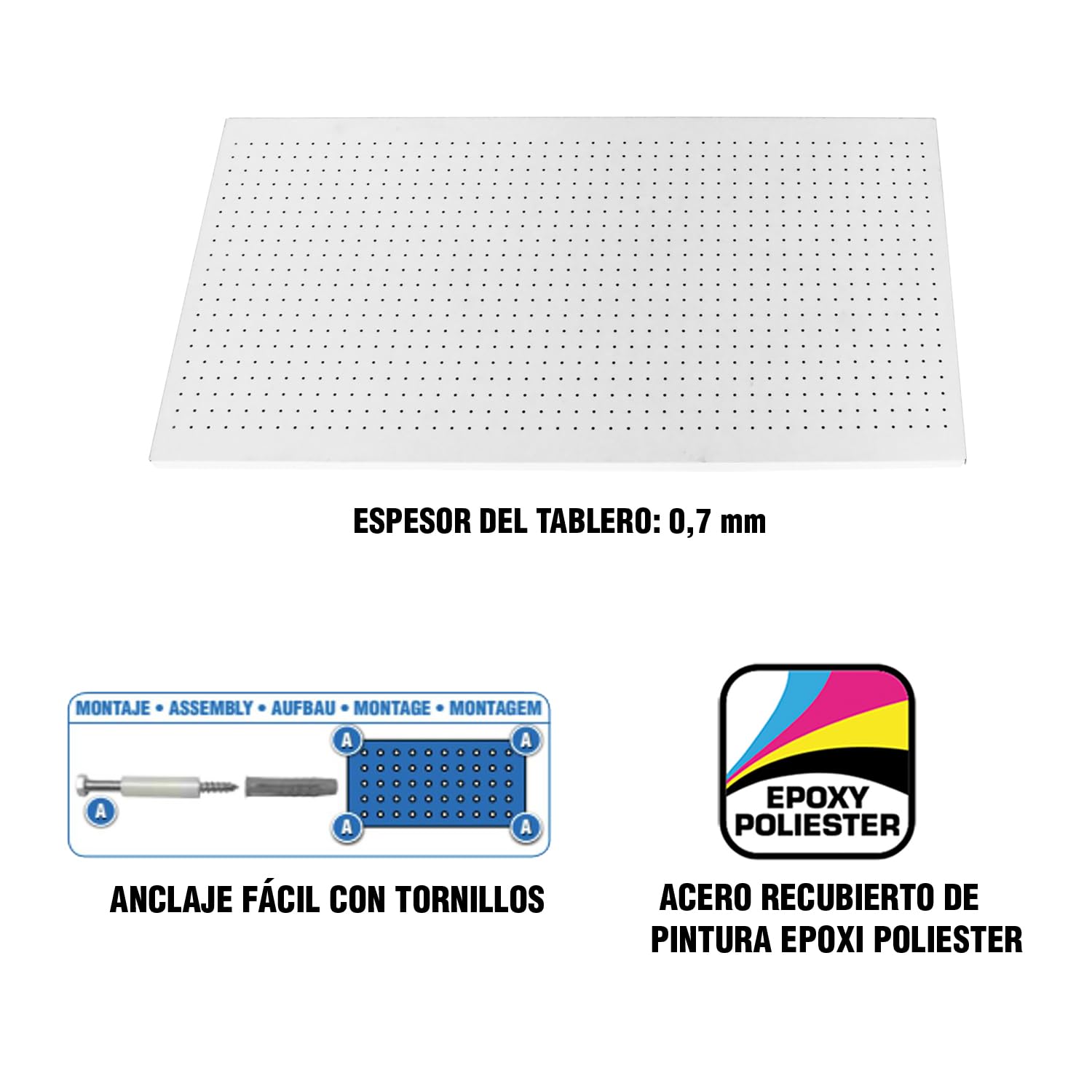 Simon Rack Organizador Herramientas Pared 600x1200 mm - Panel Click | Incluye 8 accesorios, Pintura anticorrosión, ∅ 5 mm, Blanco, Montaje sistema clic