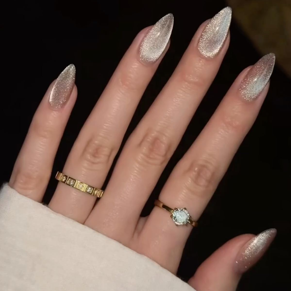 KQueenest Cat Eye Press on Nails Almond Medium, Glazed Glitter Nude False Nails Medium Stiletto