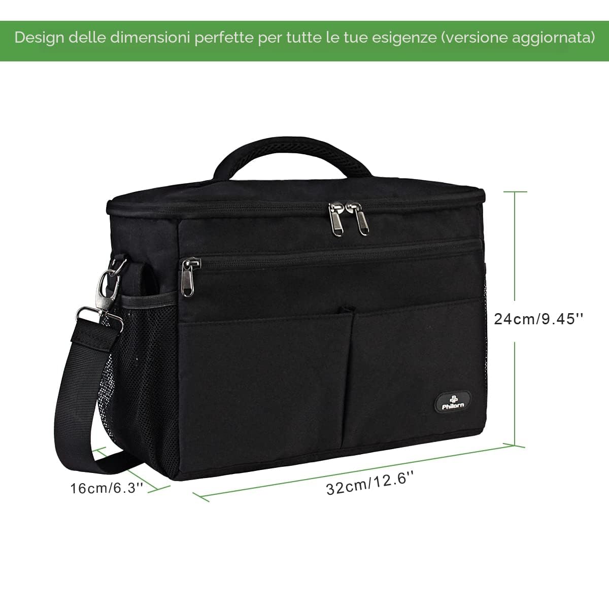 PHILORN Borsa per Passeggino con Portabevande Isolato, Tracolla, Grande Capacità, Universale, Nero