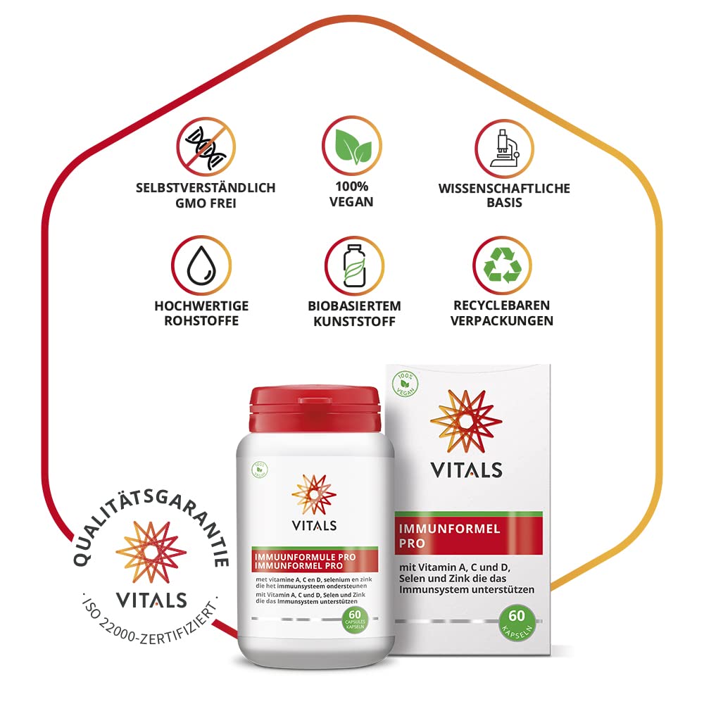 Vitals - Immunformel Pro 60 Kapseln mit Quercetin, Lecithin, Vitamin A, Vitamin C, Vitamin D3, Vitamin K2, Selen und Zink. 100% Vegan. Die wichtigsten Nährstoffe für die Widerstandsfähigkeit.