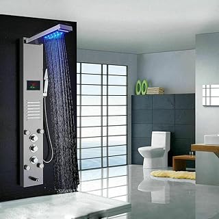 LED Shower Panel Tower Waterfall and Rainfall Head Spray Set Massage System Faucet-Brushed Gold