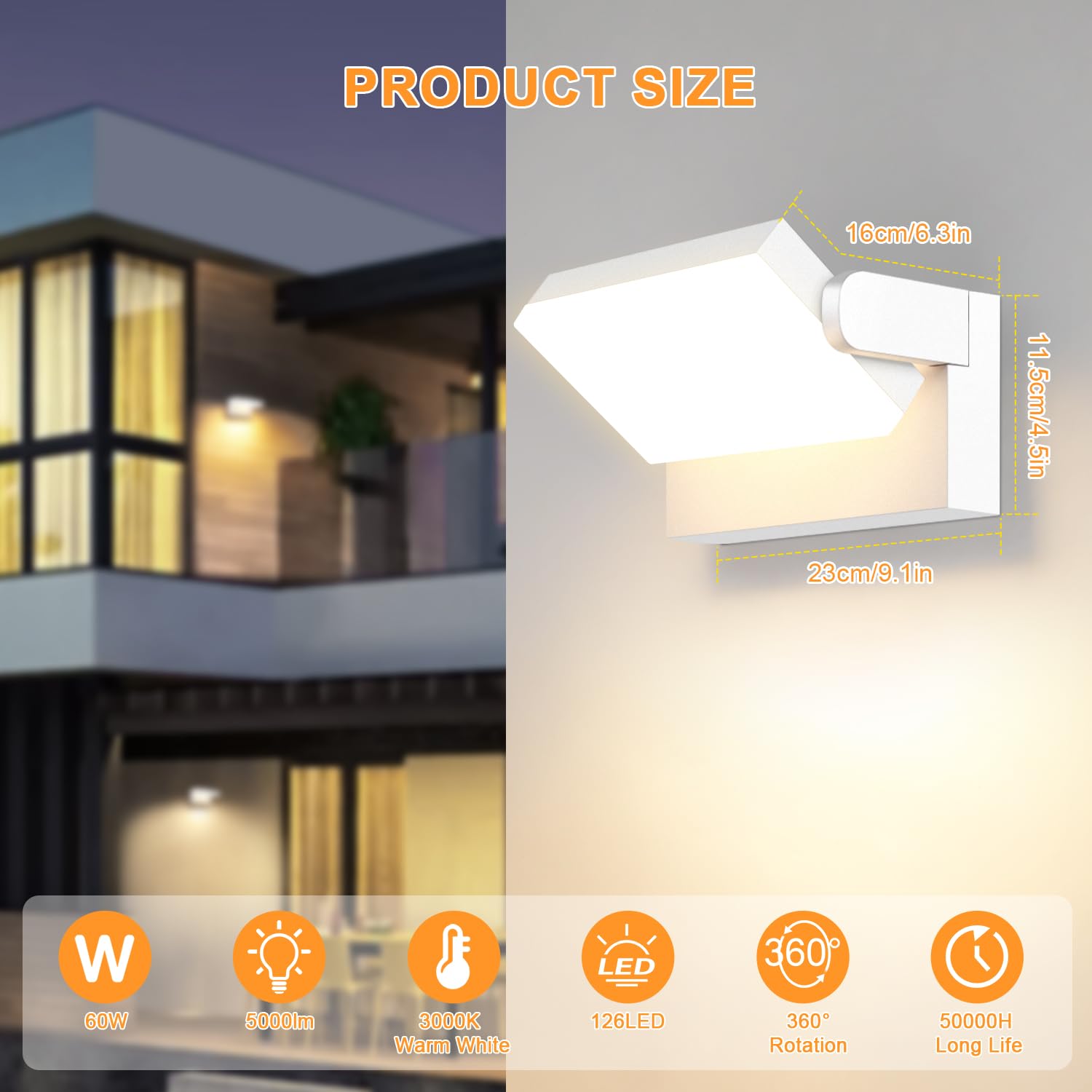ledmo 60W Applique da Parete LED Esterno 360° Moderno Lampade da Esterno Regolabile Faretto Led da Esterno per Terrazza Ingresso Giardini, Bianco, 126 LEDs, 5000 Lumen, Bianco Caldo 3000K, IP65