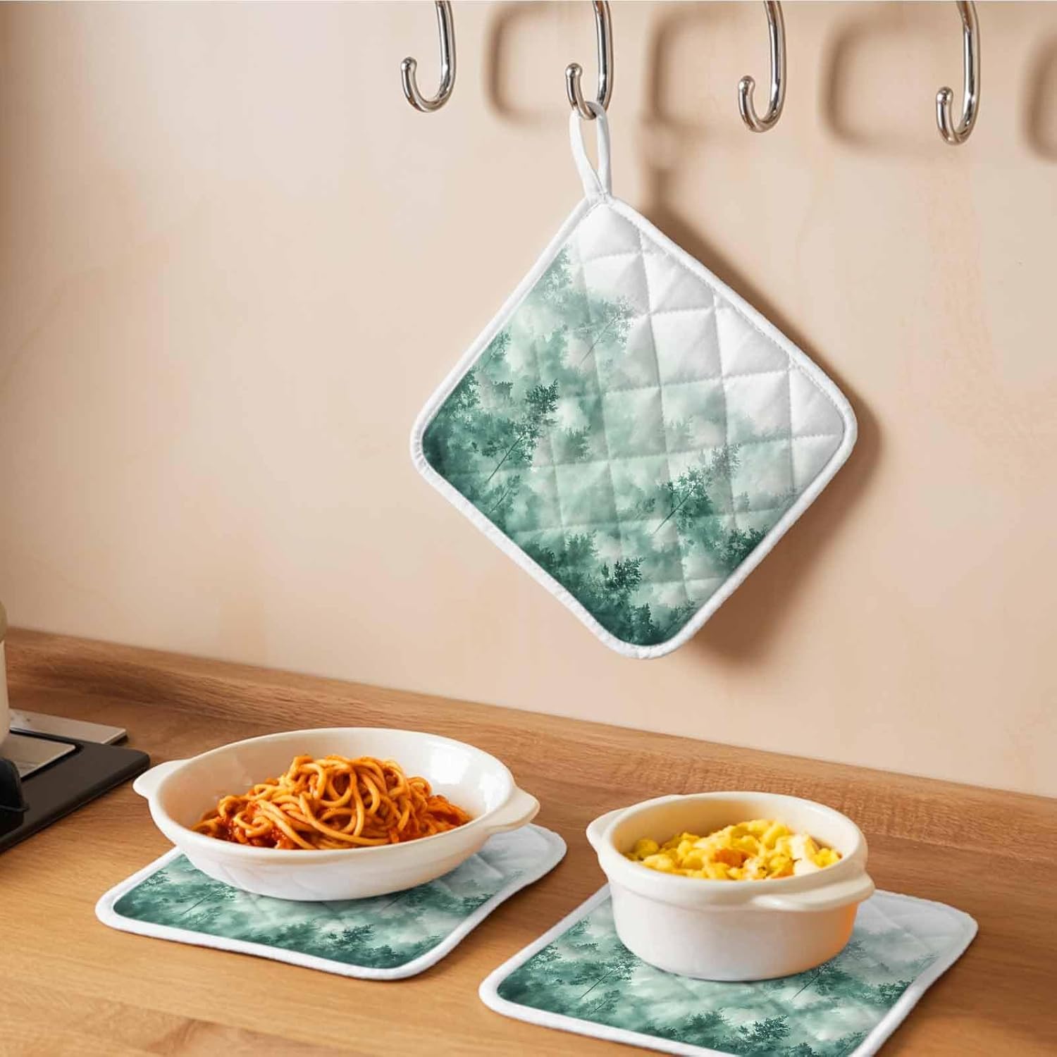 5 Pack Pot Holders for Kitchen, Green Forest Rustic Hot Pads for Kitchen Countertops Oven Pot Holder Bulk, Vintage Tree Scenery Watercolor Heat Insulation Potholders with Hanging Loops