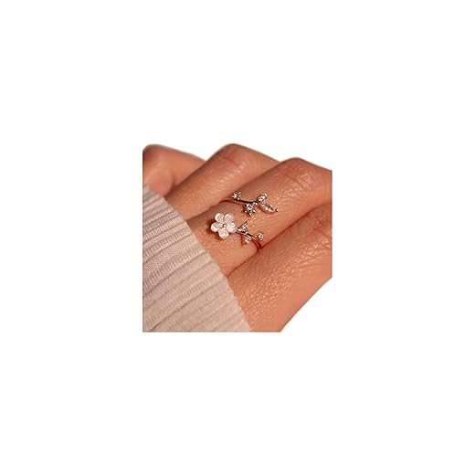 Birthstone Flower Rings For Women Non Tarnish Gemstone Cubic Zirconia Mother of Pearl Adjustable Size 7-11 Silver Rose 14K Gold Plated Birth Jewelry Gift For Birthday