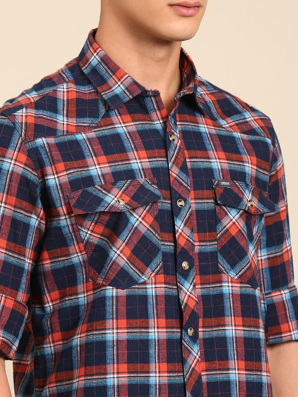 Image of Cavallo by Linen Club Men's Blended Linen Checked Contemporary Fit Full Sleeve Casual Shirt