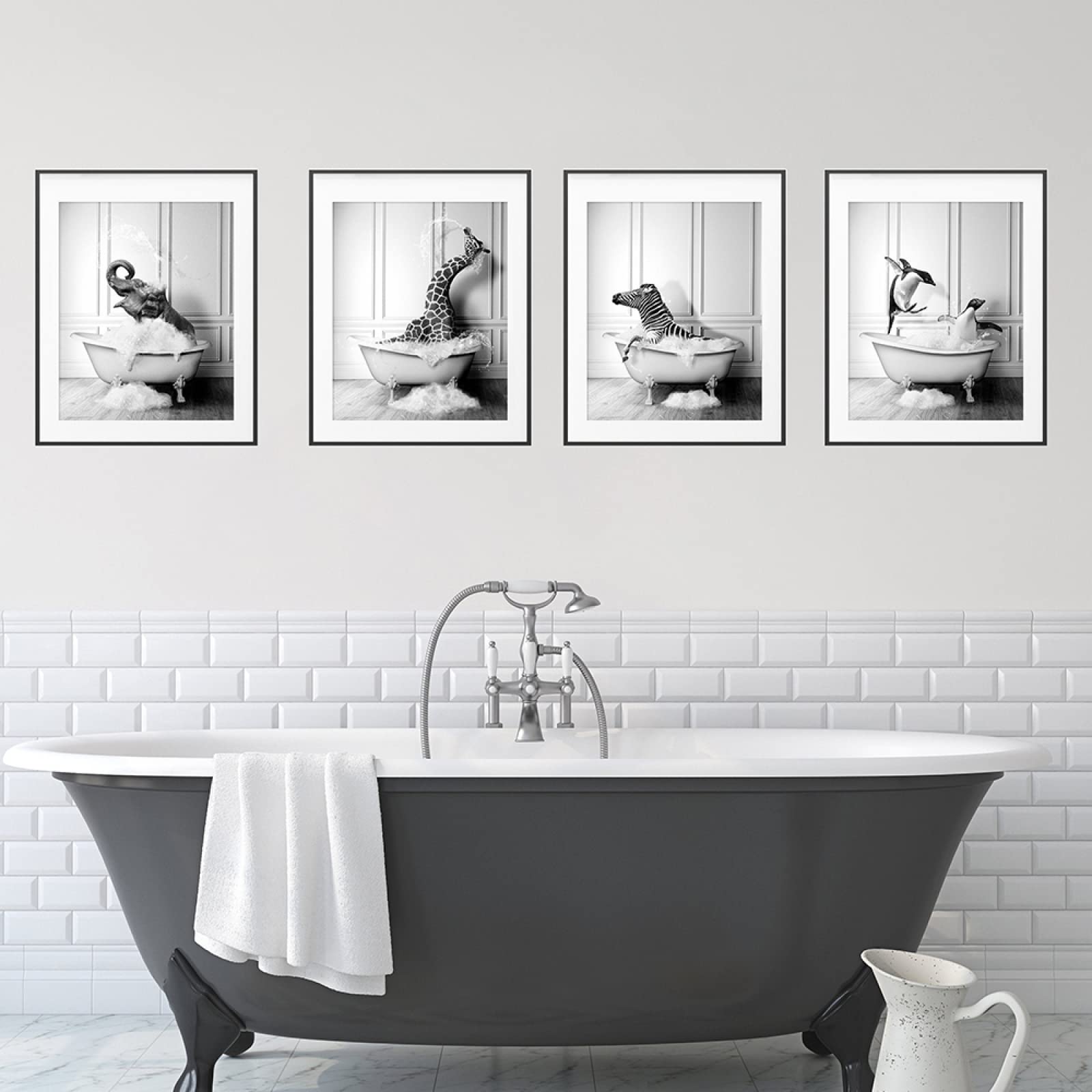 Animal Negro Blanco Pared Arte Impresiones Elefante Cebra PingüInos Jirafa Poster Impresiones Lienzo Pintura Poster NóRdico Cuarto De BañO Hogar Decoracion Sin Marco 20×30cm×4pcs