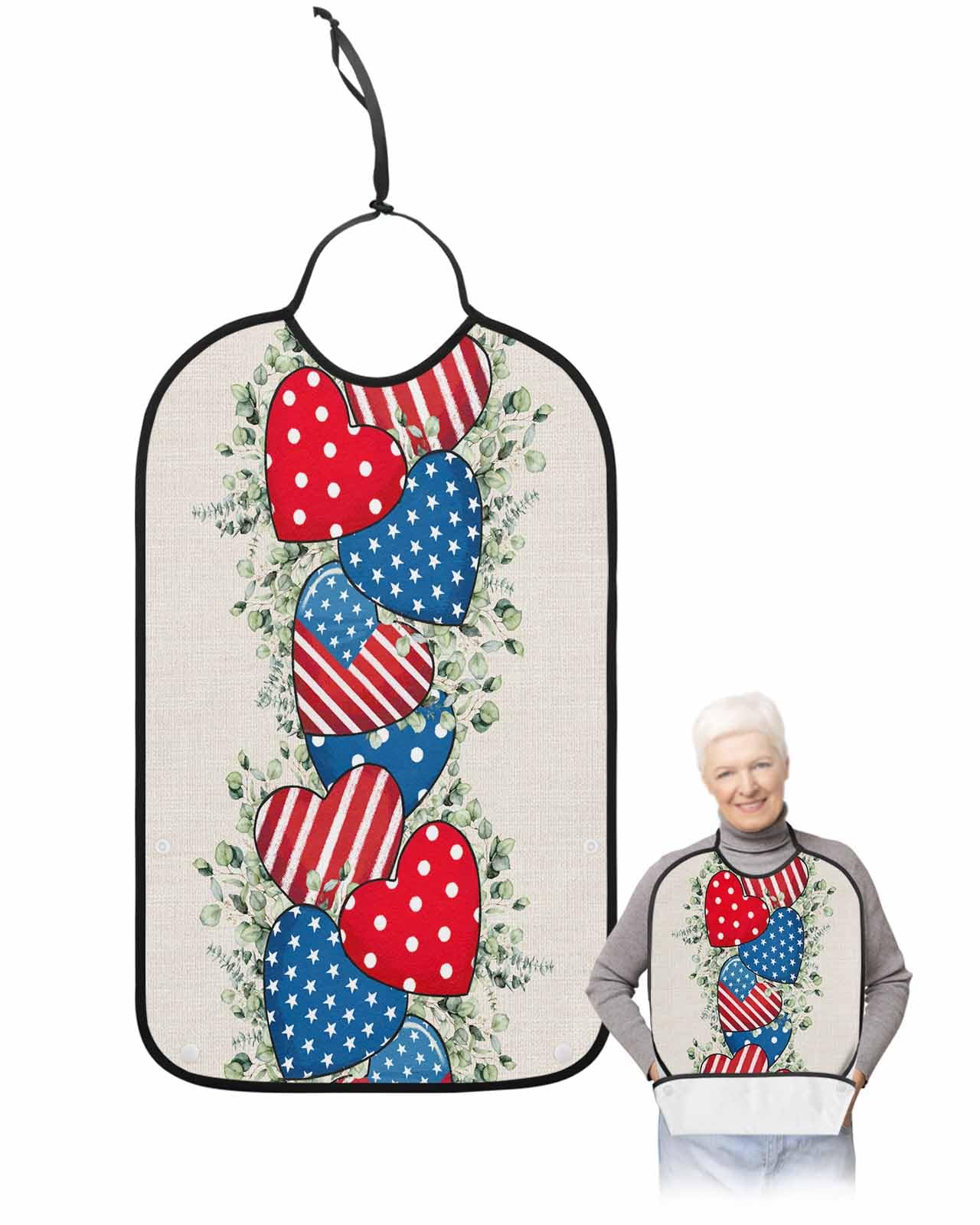 LEOKOTI 4th of July Adult Bibs for Eating, Waterproof Bibs with Food Catcher & Adjustable Snap Closure, Red Blue Love Heart Eucalyptus Leaves Rustic Washable Clothing Protectors Adult Bibs for Elderly