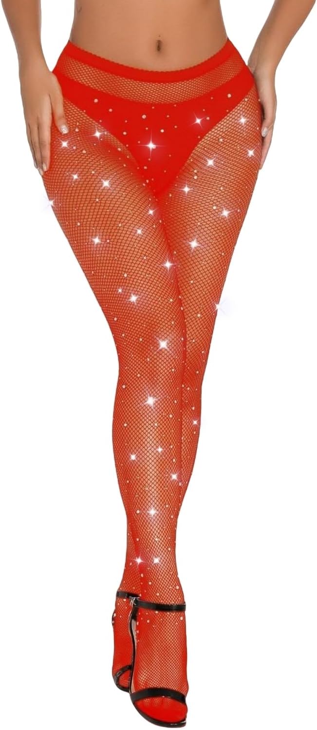 ACICSCK Women’s Rhinestone Fishnet Tights Fashion Glitter Elastic Fishnet Pantyhose Sexy Sparkle High Waist Stockings