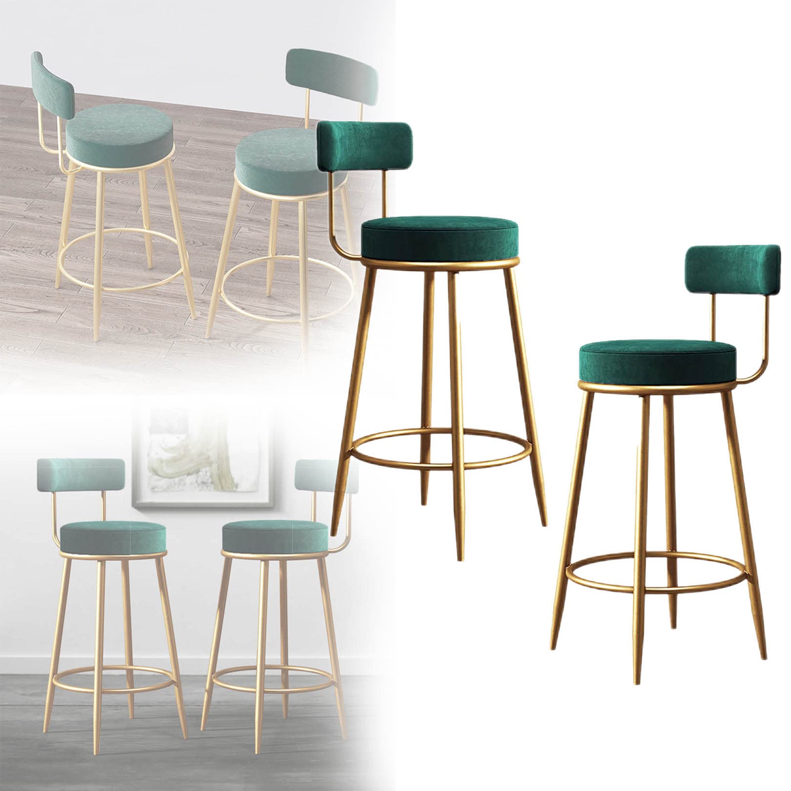 Tabourets de bar lot de 2 en velours avec dossier haut et pieds en métal noir pour îlot