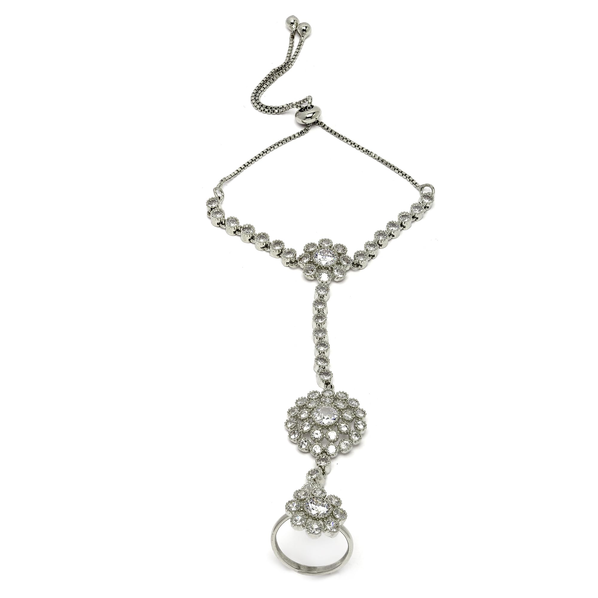 Rose Gold-Plated White American Diamond Studded Flower Graceful Hand Chain Ring Bracelet For Girls and Women-image-45