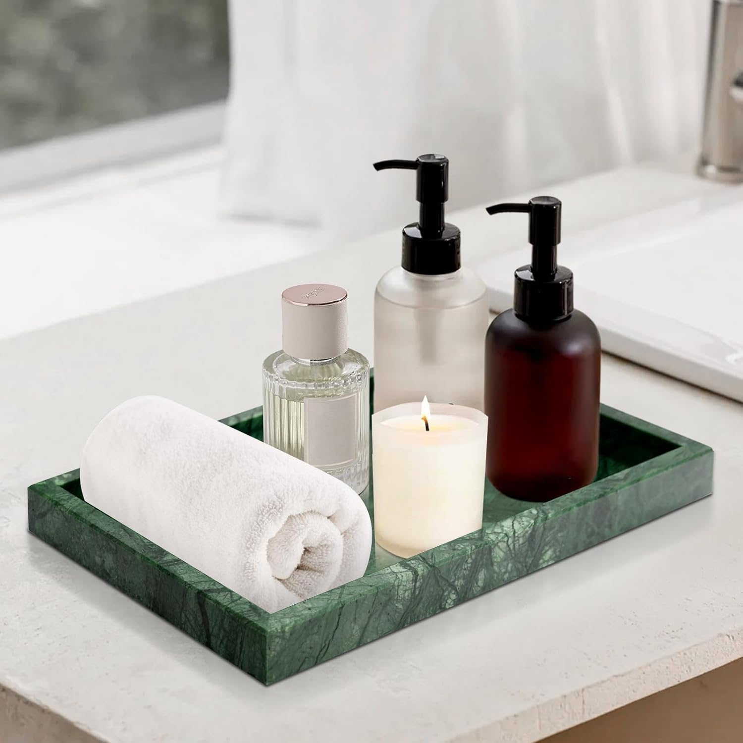Green Marble Tray & Green Marble Toothbrush Holder Set - Modern Bathroom Organizer