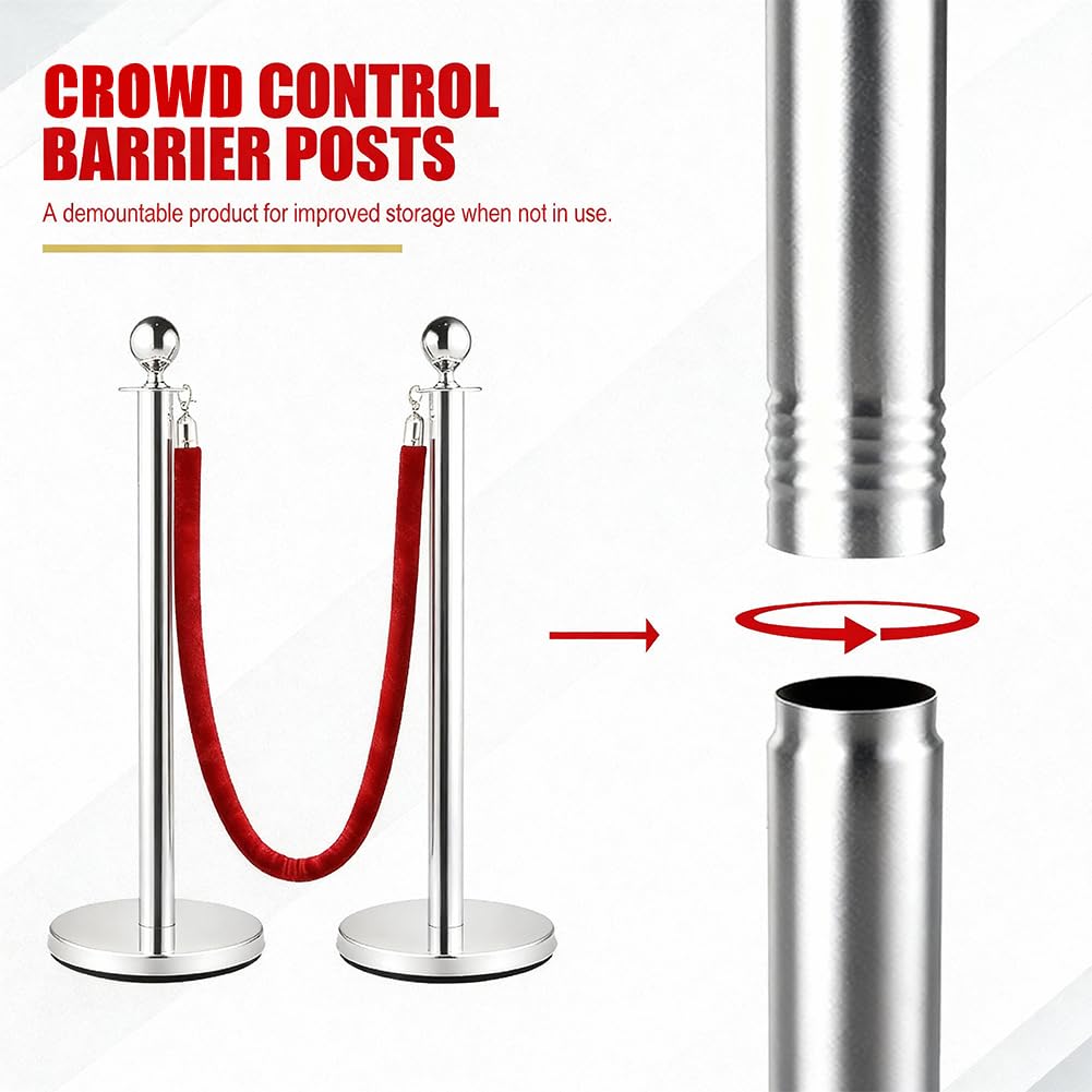 Modulare Barriere Premium Absperrstab mit Seil - Silber Robuster Crowd Control Bandstab für Warteschlangen, Events & Ladenmanagement, Set mit 5 ft/1.5 m rotem Samt Seil (6)