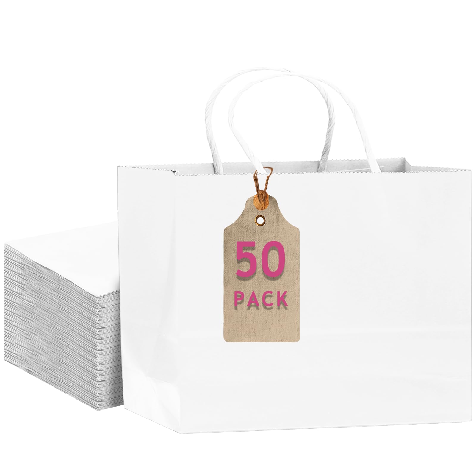 Photo 1 of qiqee 50-Packs White Paper Gift Bags with Handles Bulk 12.6"x4.3"x10" Wide Large Size Party Favor Bags Multiple Uses