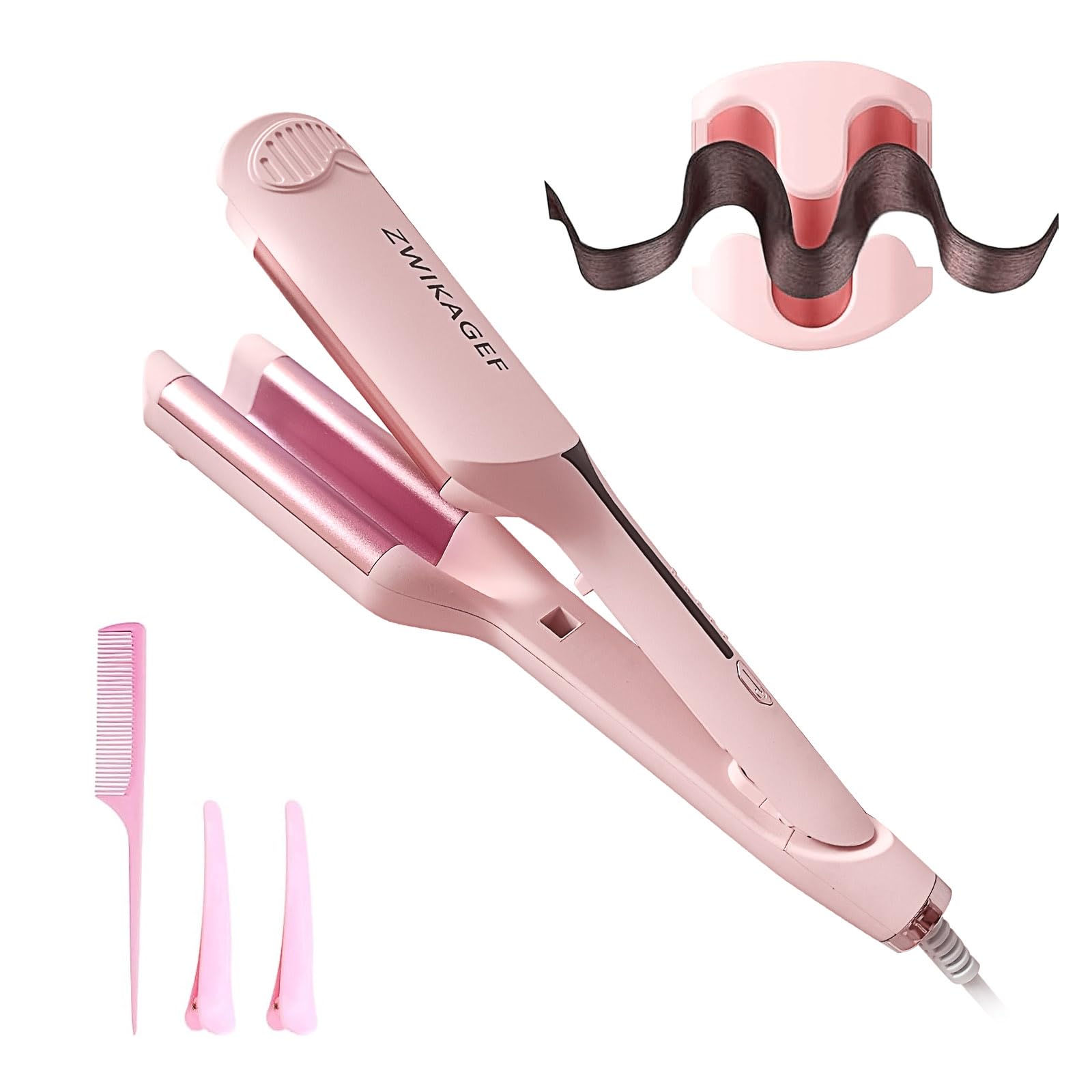 Curling Iron Crimper Hair Tool - ZWIKAGEF Hair Crimper Curling Wand, Curling Iron with Ceramic 3 Barrel for Short Hair Women, Beginner-Friendly Hair Waver, Dual Voltage, Anti-Scald, 1 Inch