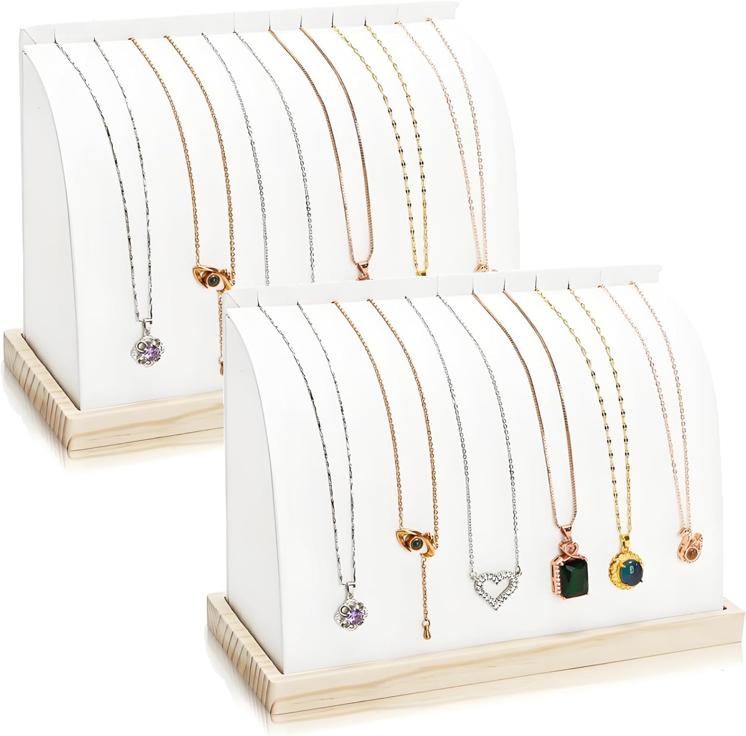 2 Pack Cambered Necklace Display Stand, Soft Leather Necklace Bracelet Organizer Rack for Selling, White Tabletop Jewelry Display Storage Holder for Necklaces, Pendant