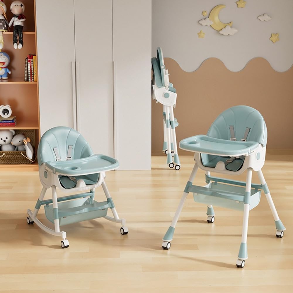 Supfine Chaise haute pour bébé 3 en 1, réglable avec ceinture de sécurité à 5 points, planche à manger amovible, hauteur réglable 87 cm, pliable, pour bébés et tout-petits (vert, 5 en 1)