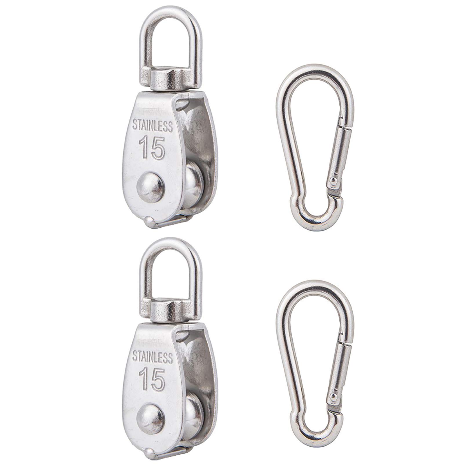 2Pcs 304 Stainless Steel M15 Single Pulley Block, Wire Rope Hanging Wire Towing Wheel, with 2Pcs Spring Snap Hook