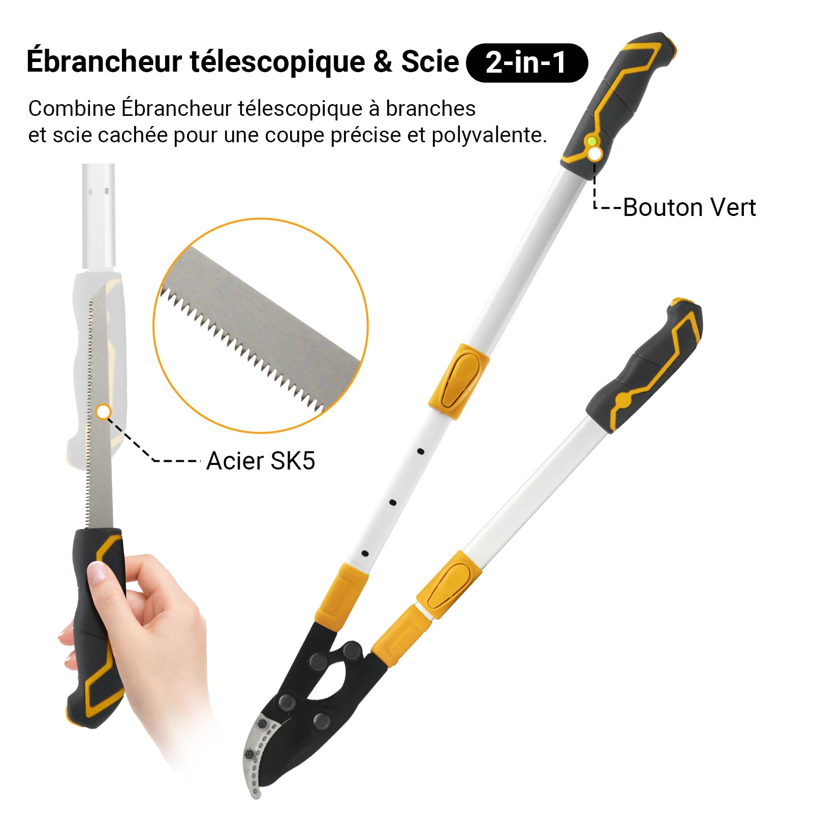 Coupe Branche Cisailles TéLéScopiques Avec Scie à Main Pour Bois Frais Jusqu'à 60mm, Cisaille à Branches TéLescopique, Extensible Jusqu'à 930mm, RevêTement AntiadhéSif