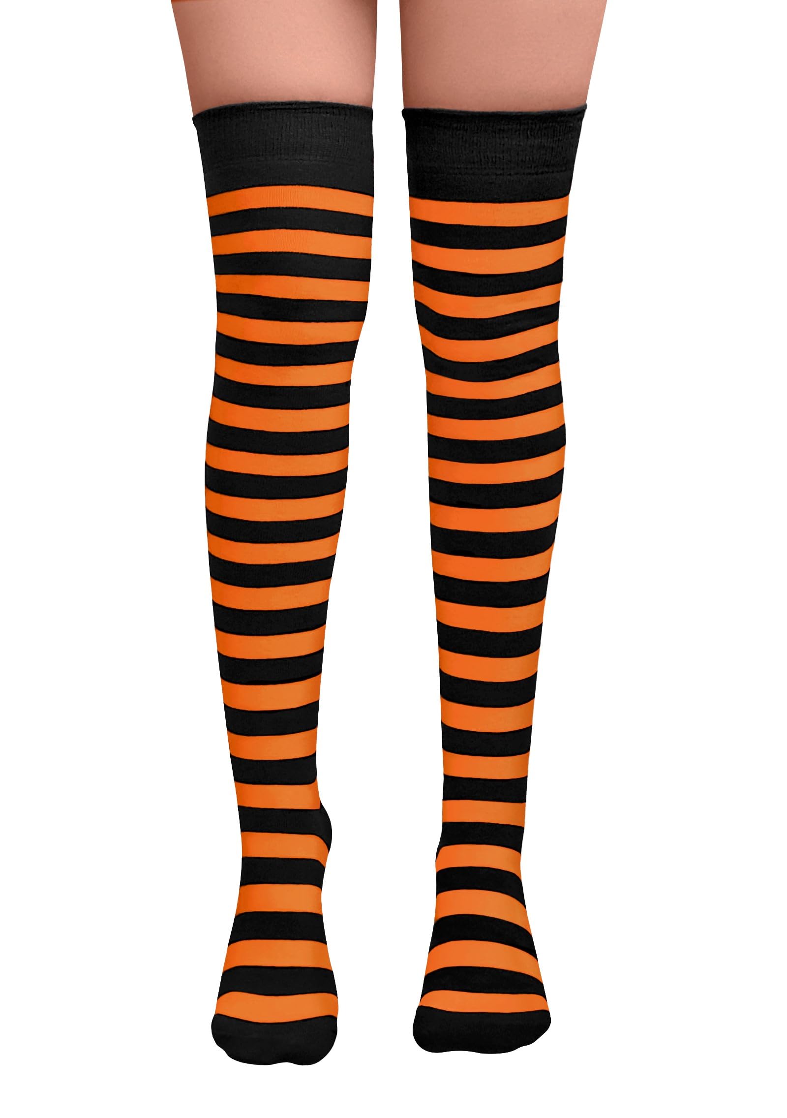 Nujake Girls Orange & Black Striped Over The Knee Socks Fancy Dress Up Themed Cosplay Christmas & Halloween Uk Size 4-5.5 (Orange & Black)