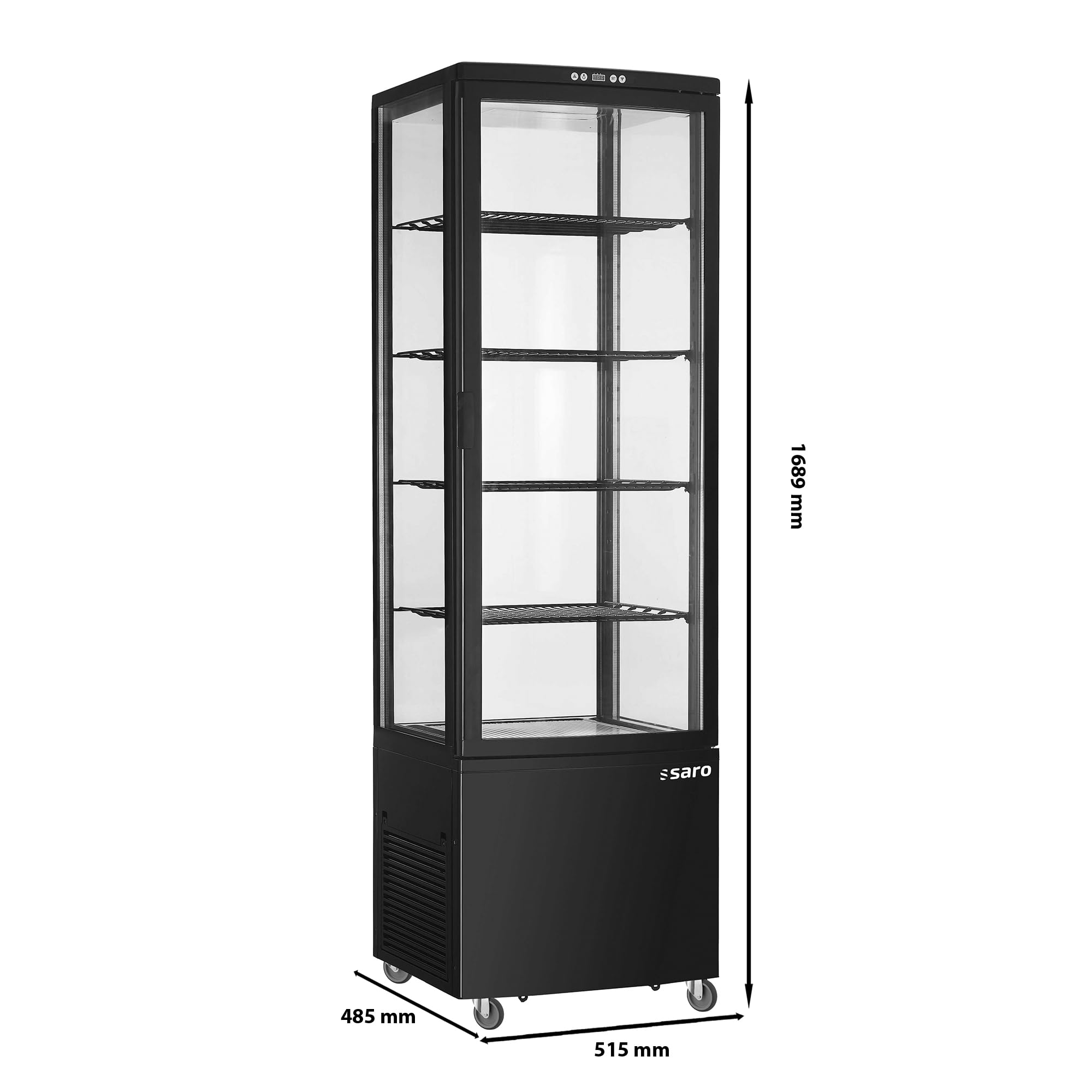 SARO SVEN - Vetrina refrigerante da 235 l, raffreddamento a ricircolo, controllo digitale della temperatura 0/+12 °C, illuminazione a LED, 4 griglie regolabili, sbrinamento automatico, plastica nera