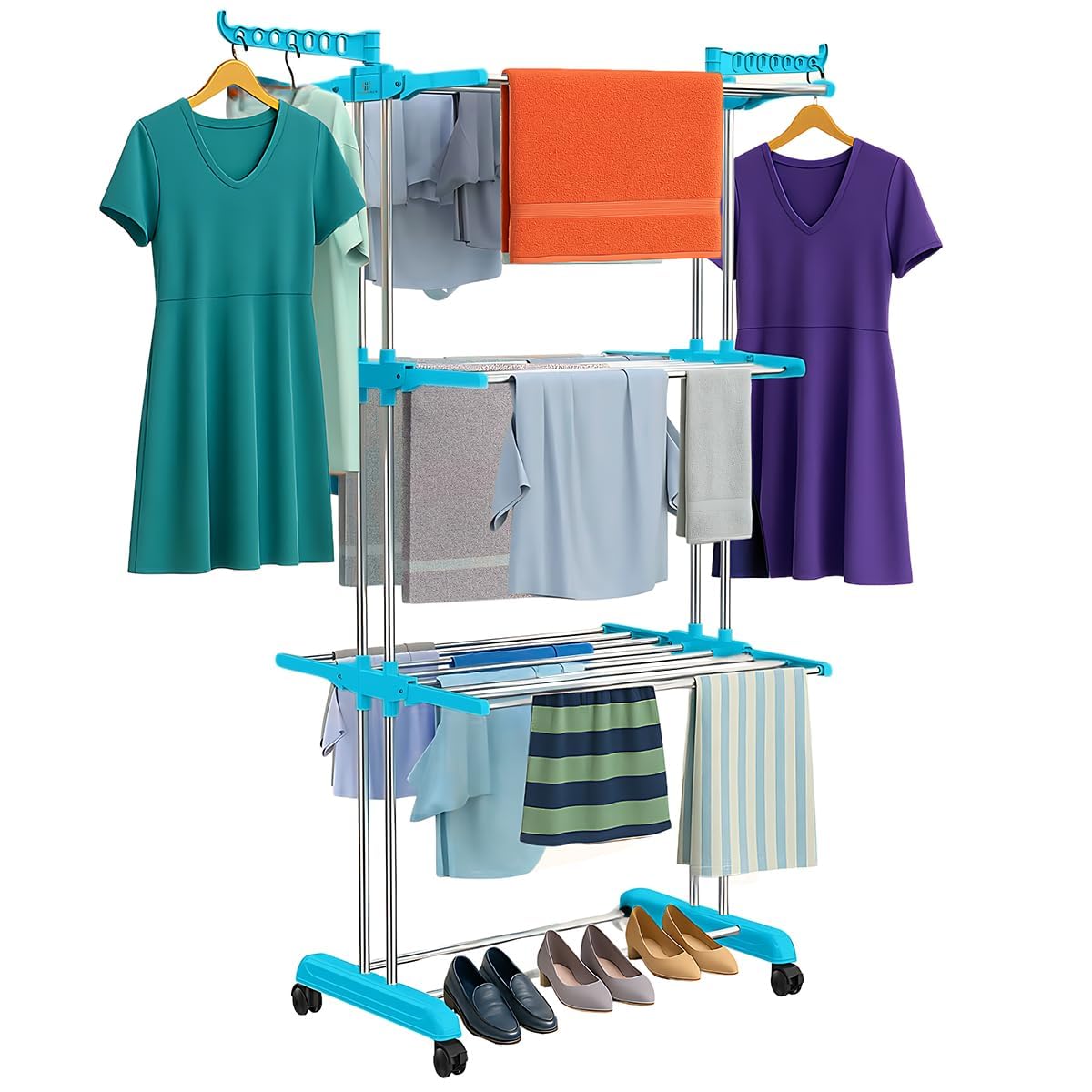 New 4 Tier Laundry Drying Stand Foldable Stainless Steel & PPCP Plastic Components Clothes Dryer Rack with Adjustable Side Wings 360° Wheels Space Saving Design for Balcony Home Laundry Room-image-35