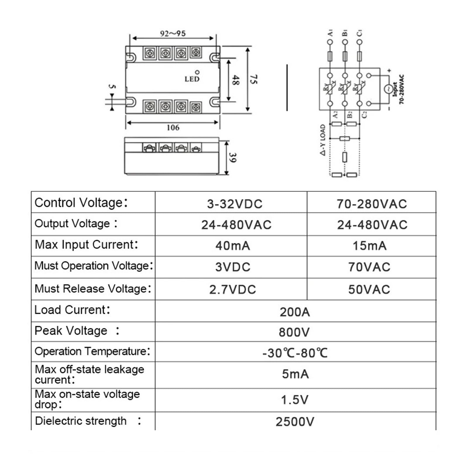 Relé de estado sólido trifásico, SSR-10A 25A 40A 60A 80A 100A 120A Módulo de relé de control trifásico 3-32V CC(AC-AC,10A)
