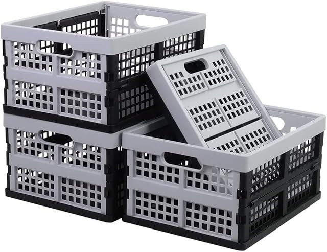 Jandson 16 L Plastic Folding Storage Crate, Black and Gray Collapsible Box, 4 Packs