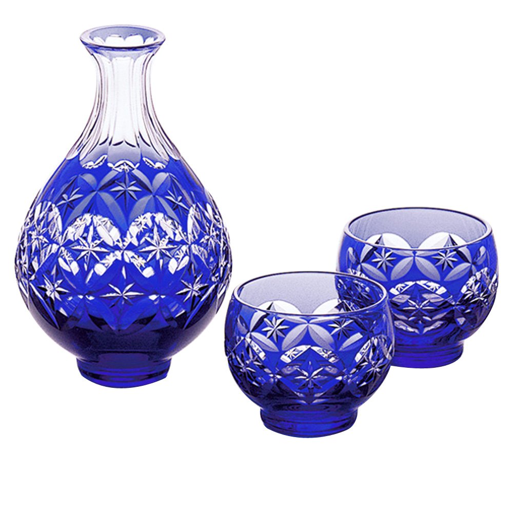 Amazon.co.jp: カガミクリスタル(Kagami) 酒器揃 青 江戸切子 七宝に星 