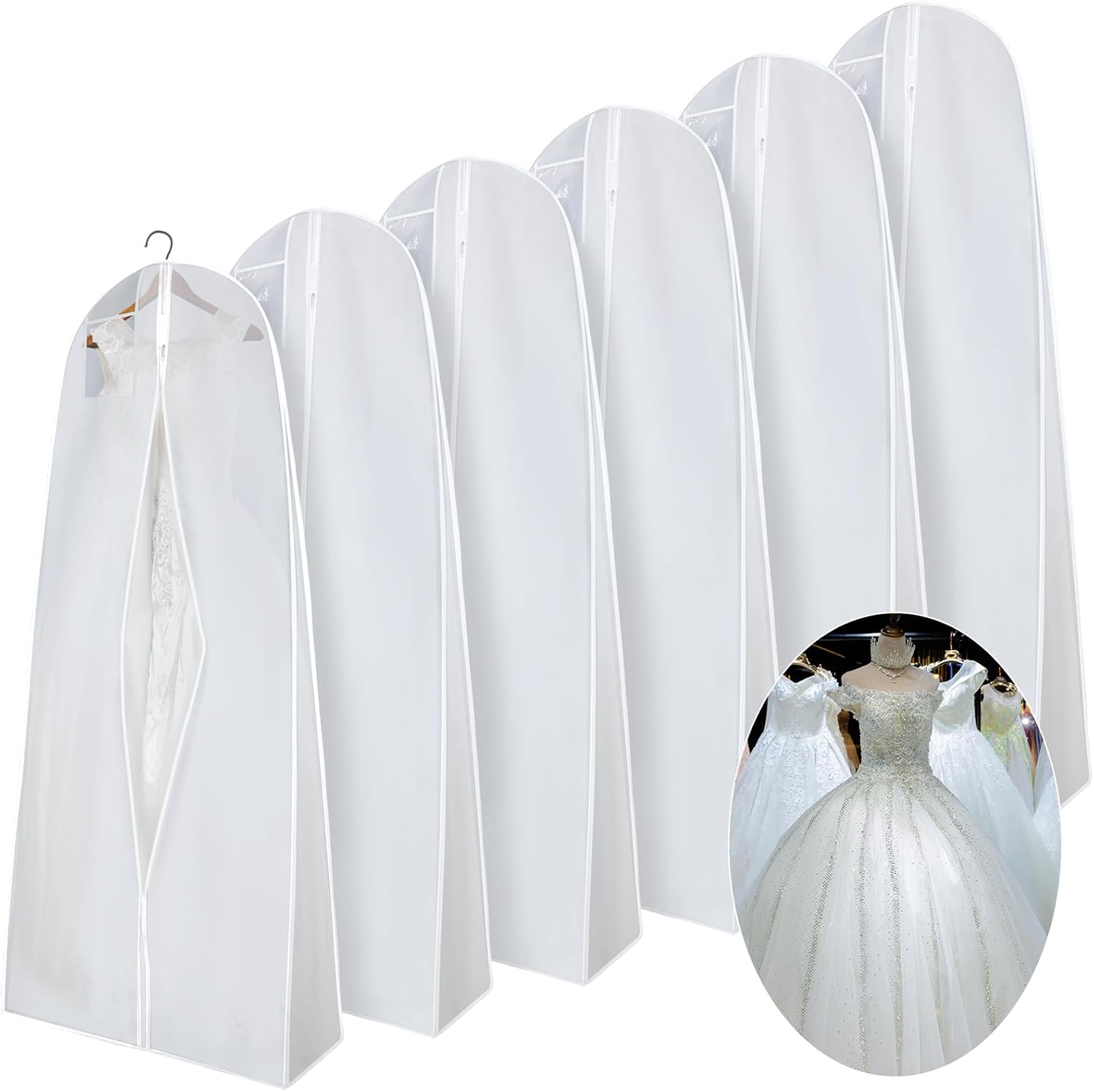 Windyun 6 Pack Wedding Dress Garment Bags 71” Dress Bags for Gowns Long with 9″ Gusseted for Travel Hanging Clothes Storage(White)