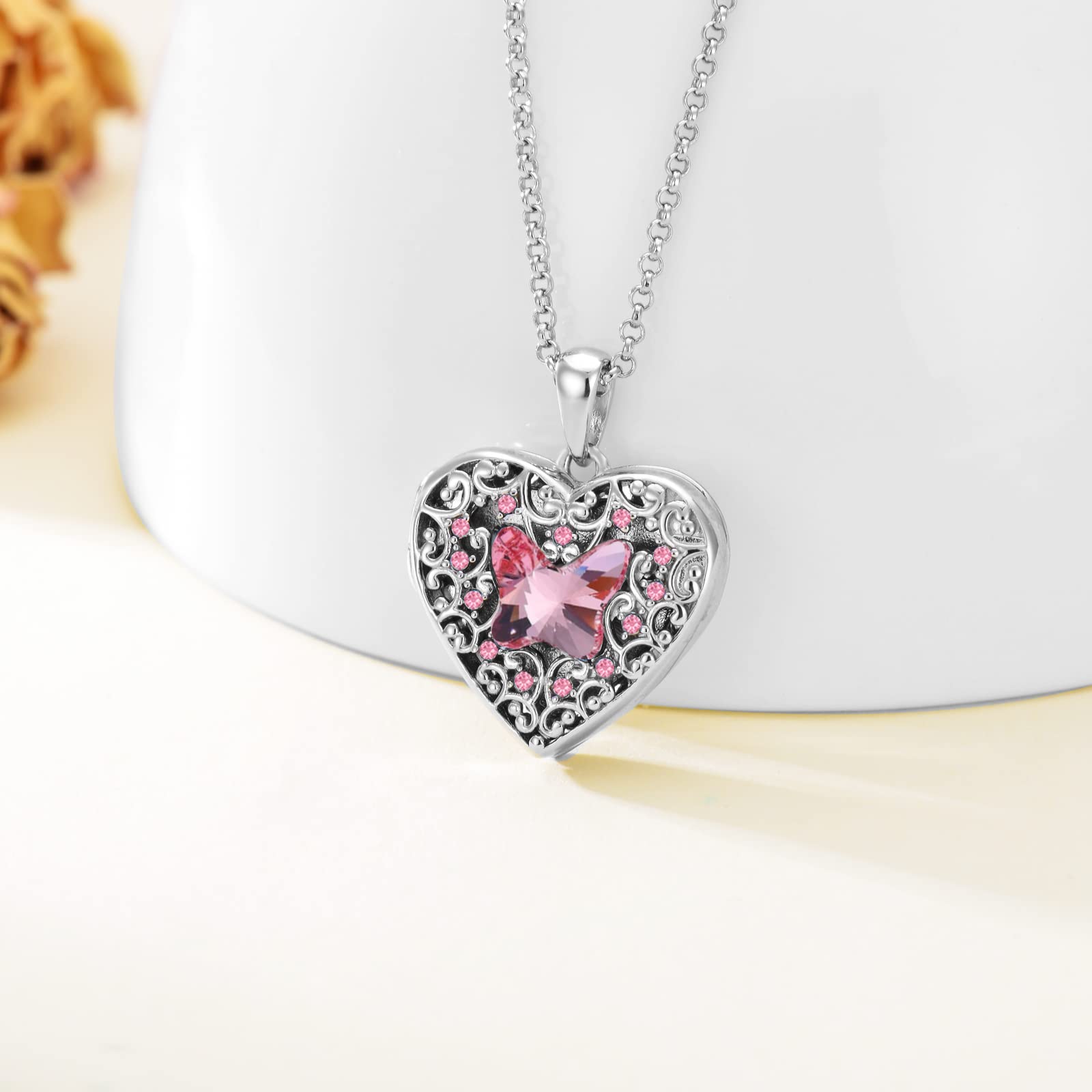 Dorunmo Médaillon en forme de cœur pour 1 photo en argent 925 avec cristal papillon avec chaîne de 45 cm avec emballage cadeau élégant pour femme, petite amie, maman, Saint-Valentin, fête, Noël, Base