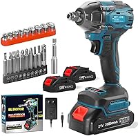 Tools 007 21V Cordless 1/2" Impact Wrench 300Nm Brushless Driver with 2x2.0Ah Batteries & 19 Accessories for DIY & Garage
