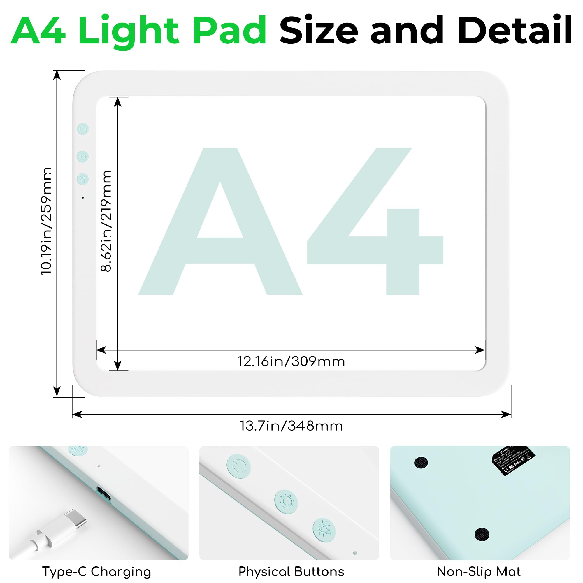 Bawaslom - Tavola luminosa A4 senza fili per tracciare, per tracciare e disegnare con 3 colori e 6 livelli di luminosità, tavolo da disegno a LED per diserbo in vinile, pittura con diamanti, schizzi