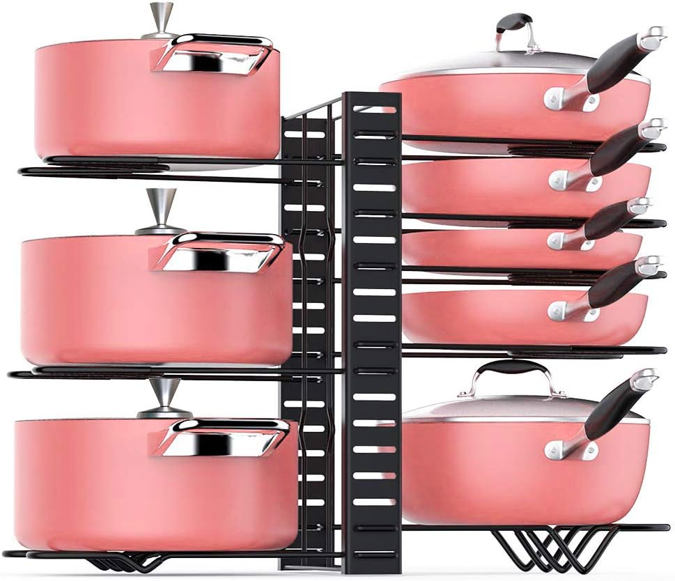 Pot Rack Organizer 3 DIY Methods Height Adjustable Cookware Organizer Kitchen Pan and Pot Lid Holder (Upgraded)