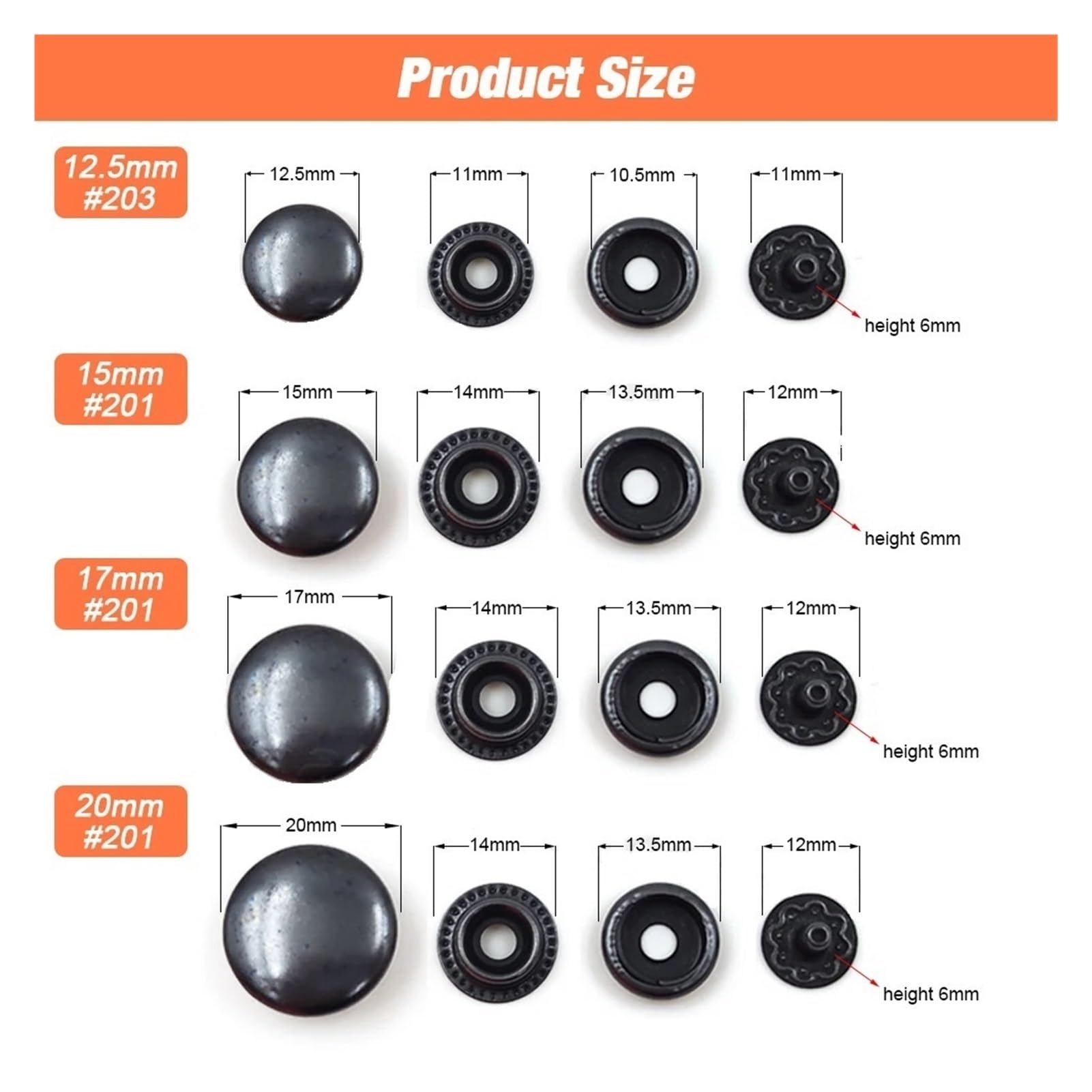 Juego de 25 Botones de presión 201/203, broches de presión de Metal, Herramientas de instalación Opcionales for Ropa, Bolsa, Zapatos, artesanía de Cuero(G Black with Tool B,17mm(201))