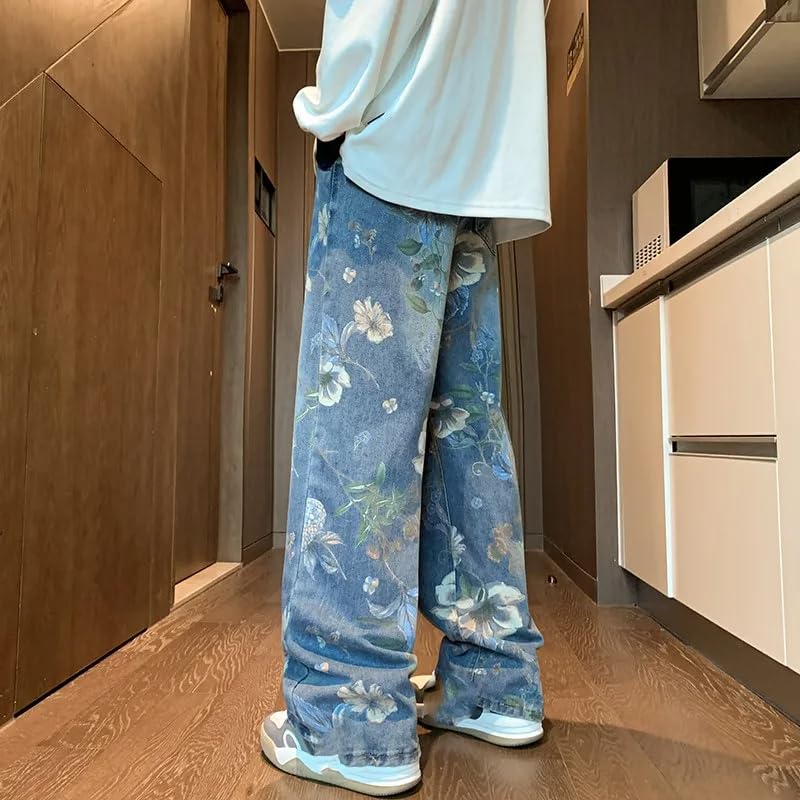 Baggy Jeans Men Floral Printed Korean Style Autumn Denim Pants4