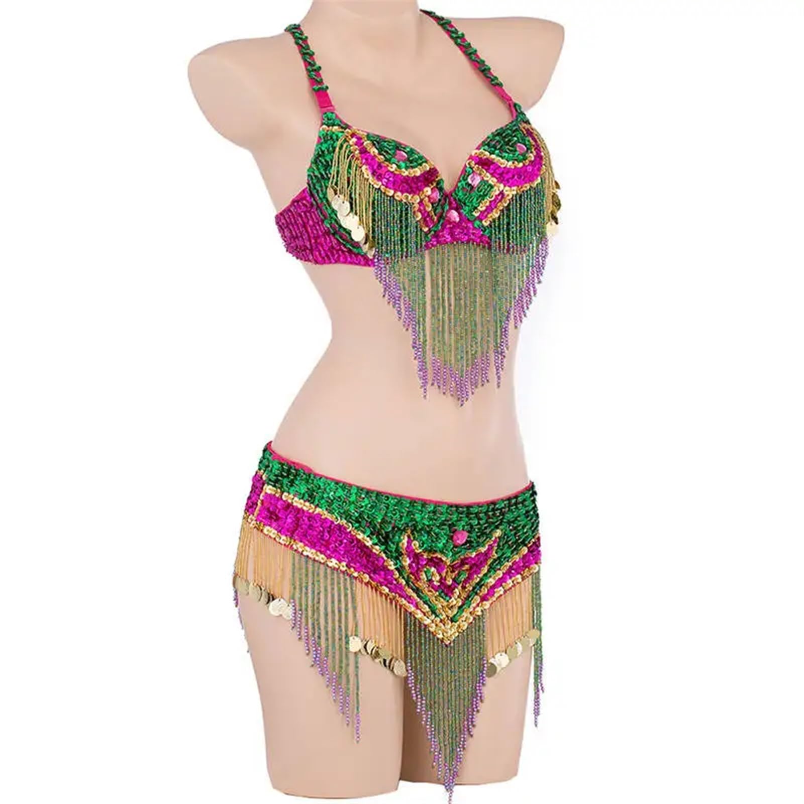 LIUHLFSR Size S-XL Performance Women Dancewear Professional Outfit Long Beaded Belly Dance Costume Bra Belt for Dancing Carnival Party(Pink,XL)