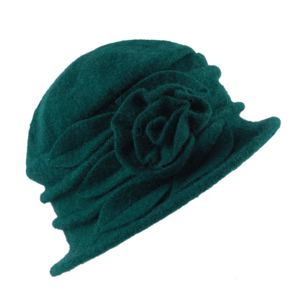 StarTreene Wool Bucket Hats for Ladies Vintage Autumn Winter Cloche Cap with Flower (Green, One Size)