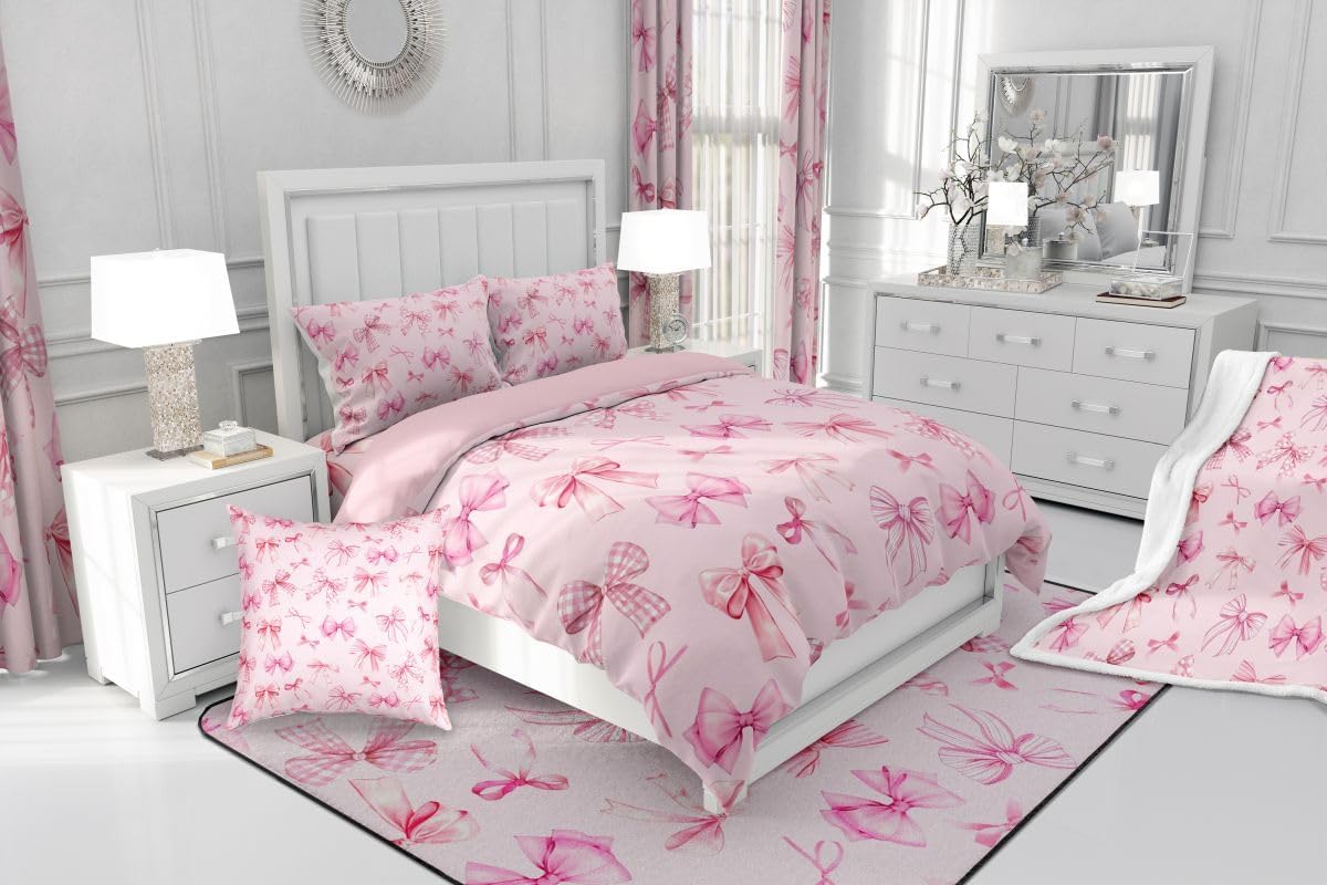 jejeloiu Pink Bowknot Comforter Set Twin Size Girls Bow Bedding Set for Kids Boys Girls Cute Bow Duvet Quilt Coquette Bowknot Bedroom Decor Microfiber 2 Pcs with 1 Pillow Cases