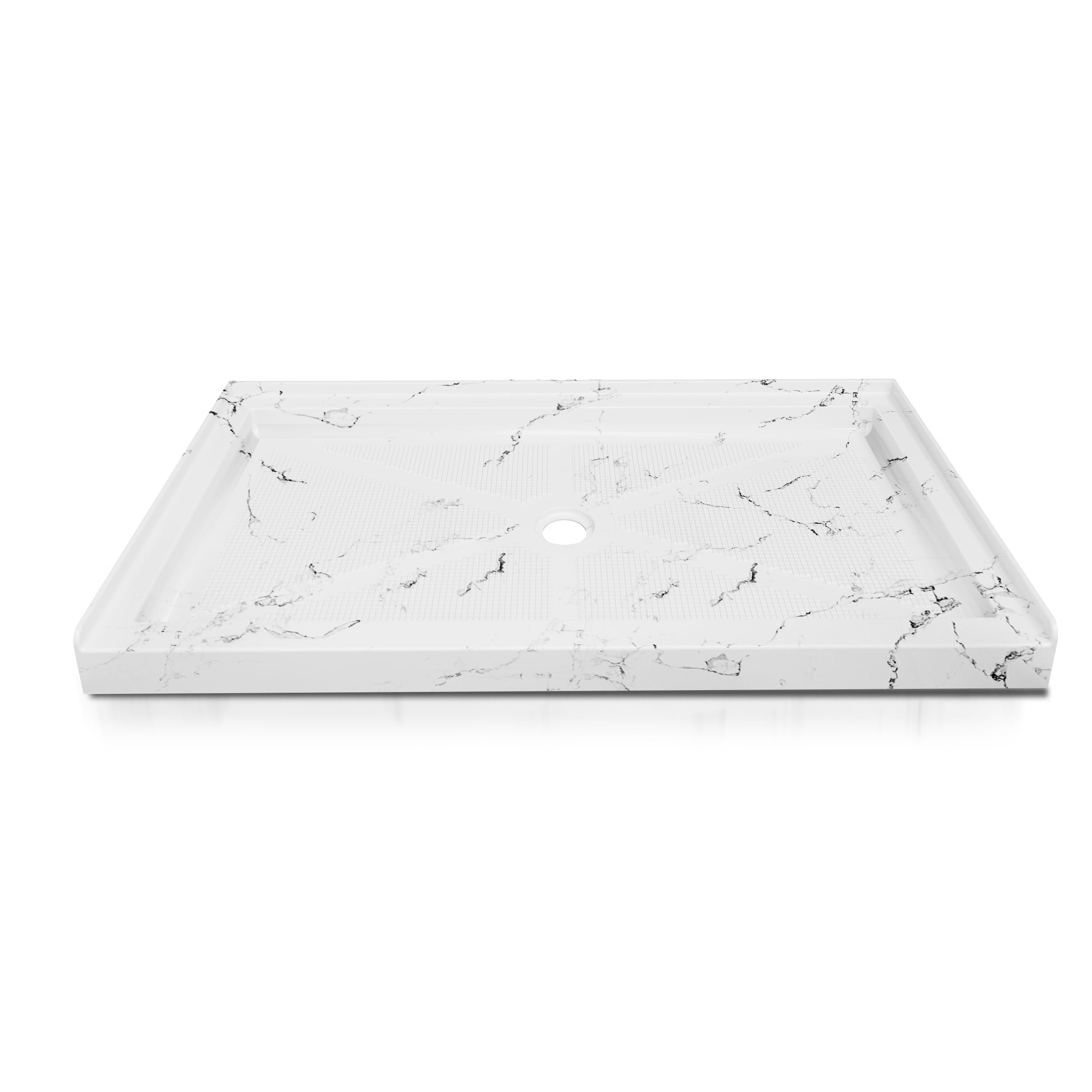 Photo 1 of CKB 60 in x 30 in Shower Base, Carrara White Alcove Shower Pan with Center Drain, Low Profile Single Threshold, Acrylic Fiberglass, Slip Resistant, Waterproof