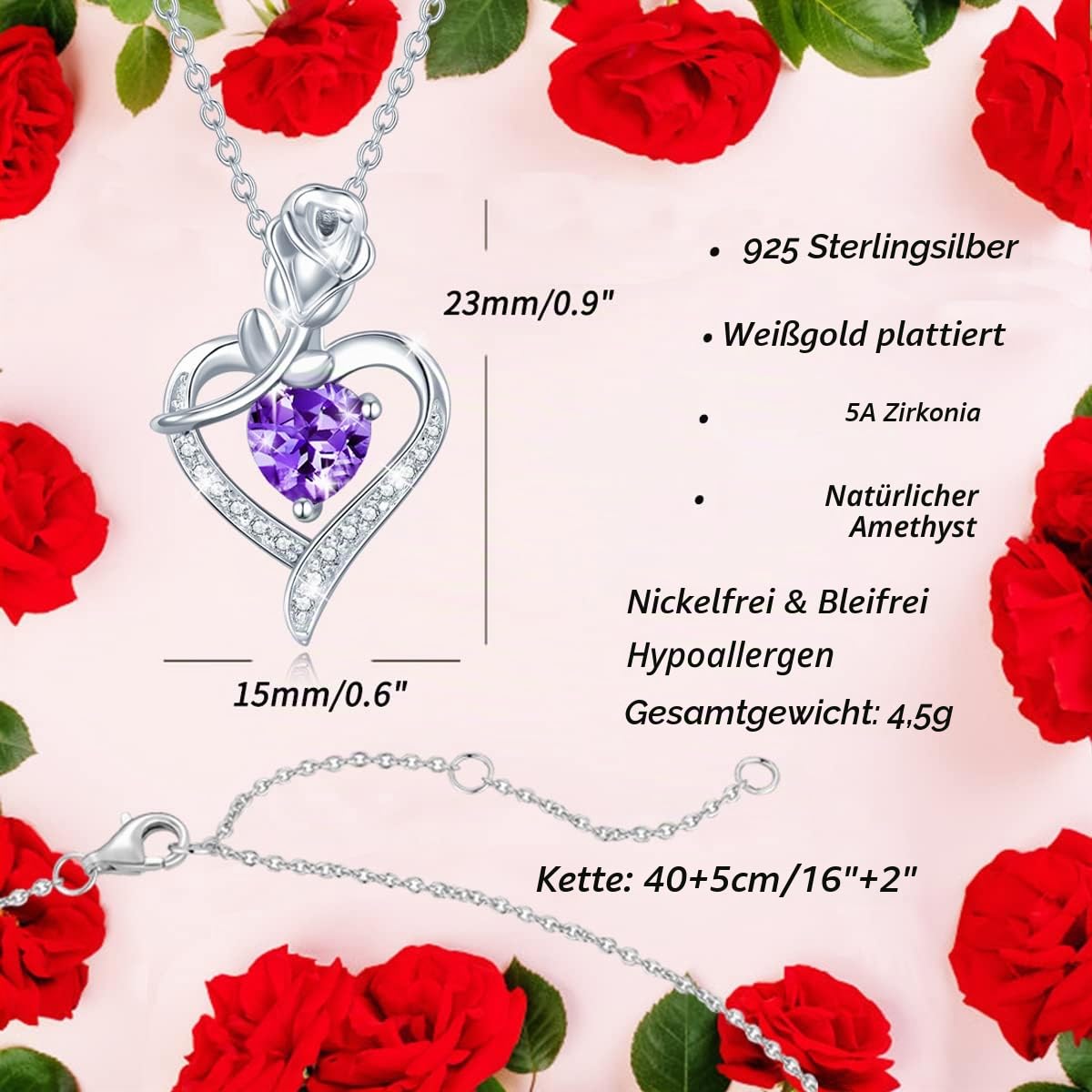 FANCIME Rose Herz Anhänger Halskette für Damen mit künstlicher Geburtsstein | 925 Sterling Silber Kette mit Herz imitiertem Geburtsstein Schmuck Valentinstag Jahrestag Geburtstag Geschenke für Frau
