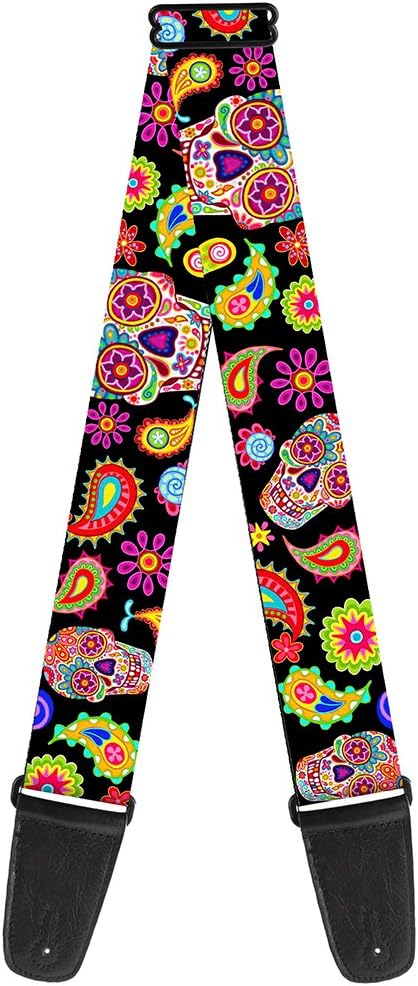 Buckle-Down Guitar Strap - Bobo Sugar Skull/Paisley Black/Multi Color - 2" Wide - 29-54" Length