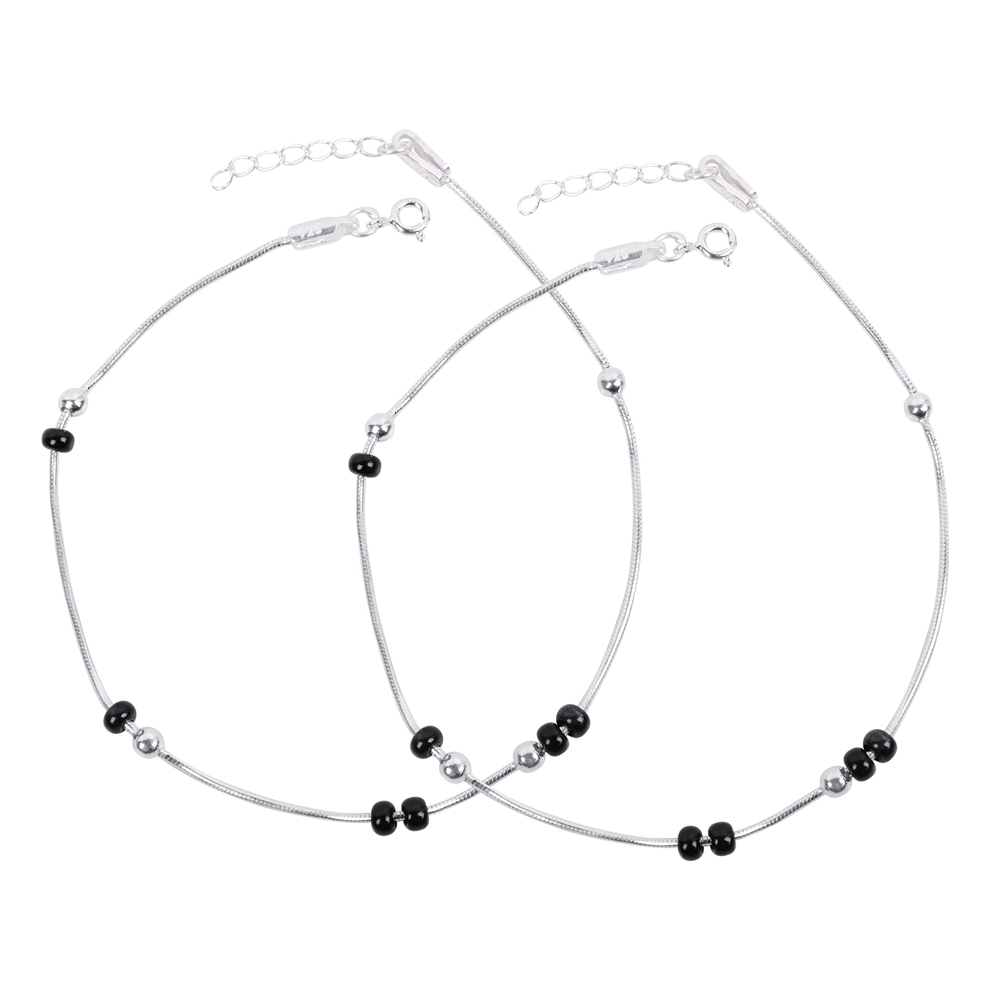 Silver Chest 925 Pure Silver Payal for Women Silver Anklets with Black and Silver Balls on Snake Pattern Adjustable Silver Chain - Set of 2