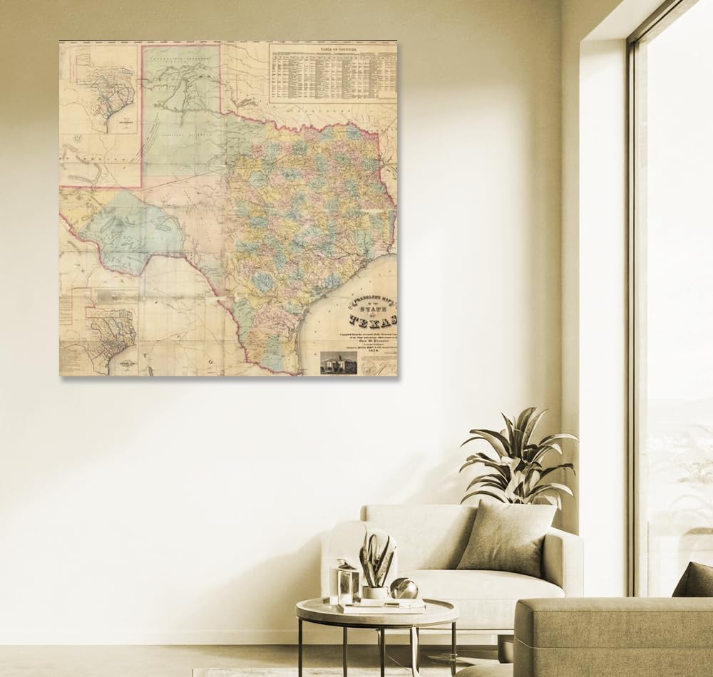 1858 Map Of Texas Canvas Print, Texas Wall Art For Home Or Office 22X24 Inches