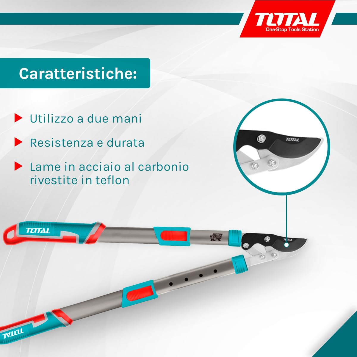 TOTAL - Forbici da potatura telescopiche - 25 x 19,5 x 8,1 cm - Blu - Lunghezza 670-880 mm - Forbici da potatura telescopiche per taglio in giardino