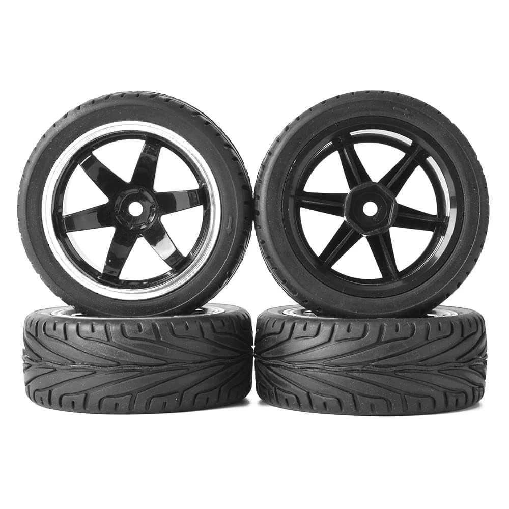 KINGCOO 4PCS 1:10 RC Car Tyre 65mm Rubber Tires and Plastic Wheel Rims for 1/10 On-Road Racing Touring Drift Car Spare Parts for HSP Tamiya HPI Kyosho (Black/Silver) - Image 2
