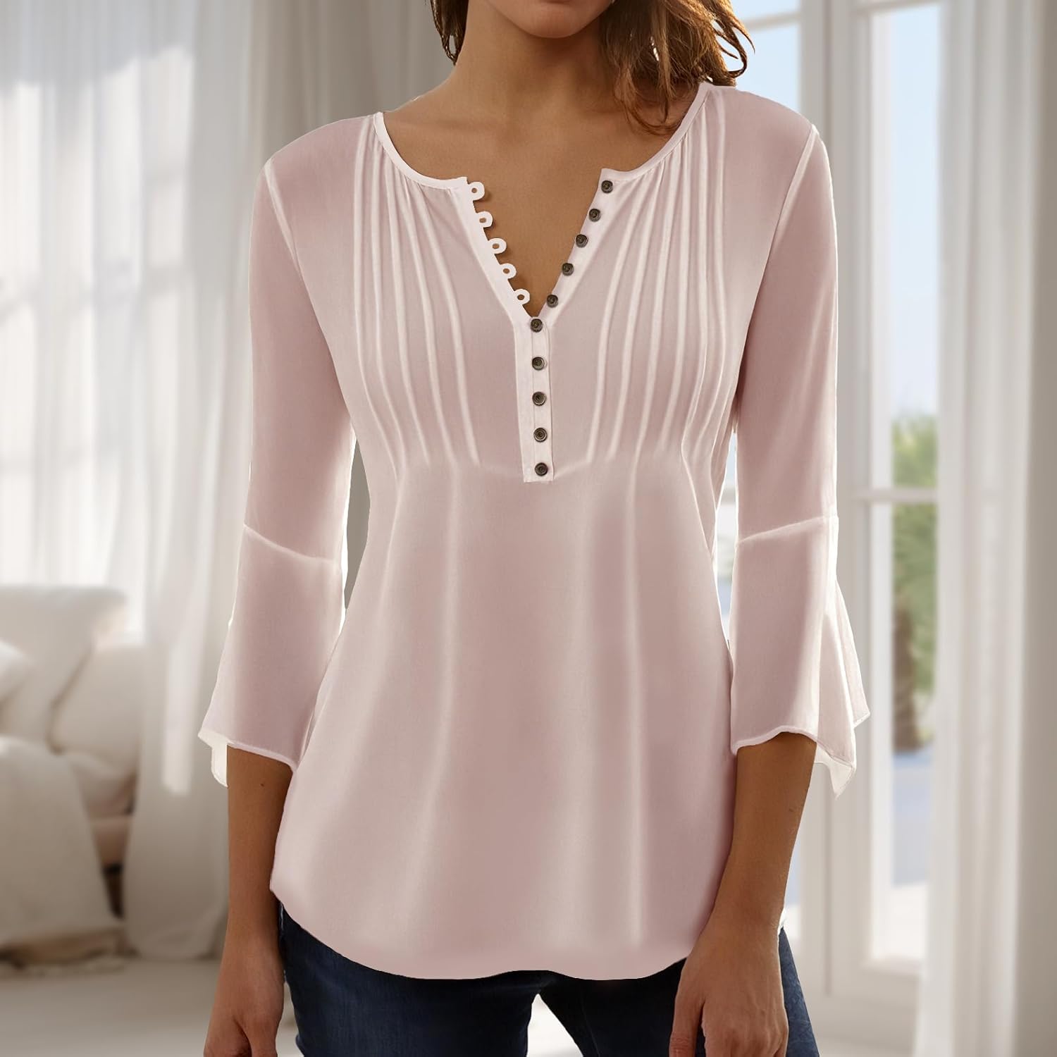 Womens Blouse Dressy Casual V Neck 3/4 Length Sleeve Soild Color Tops Loose Fit Button Down Boho Shirts